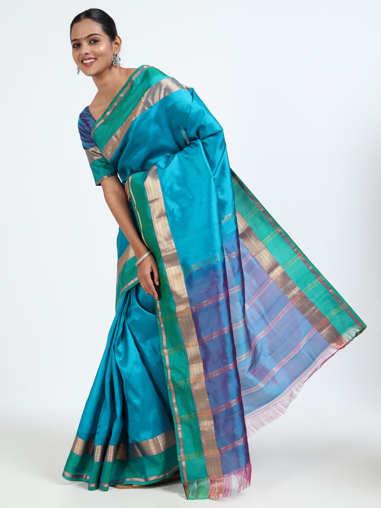 Bondi Blue silk saree with matching unstitched blouse