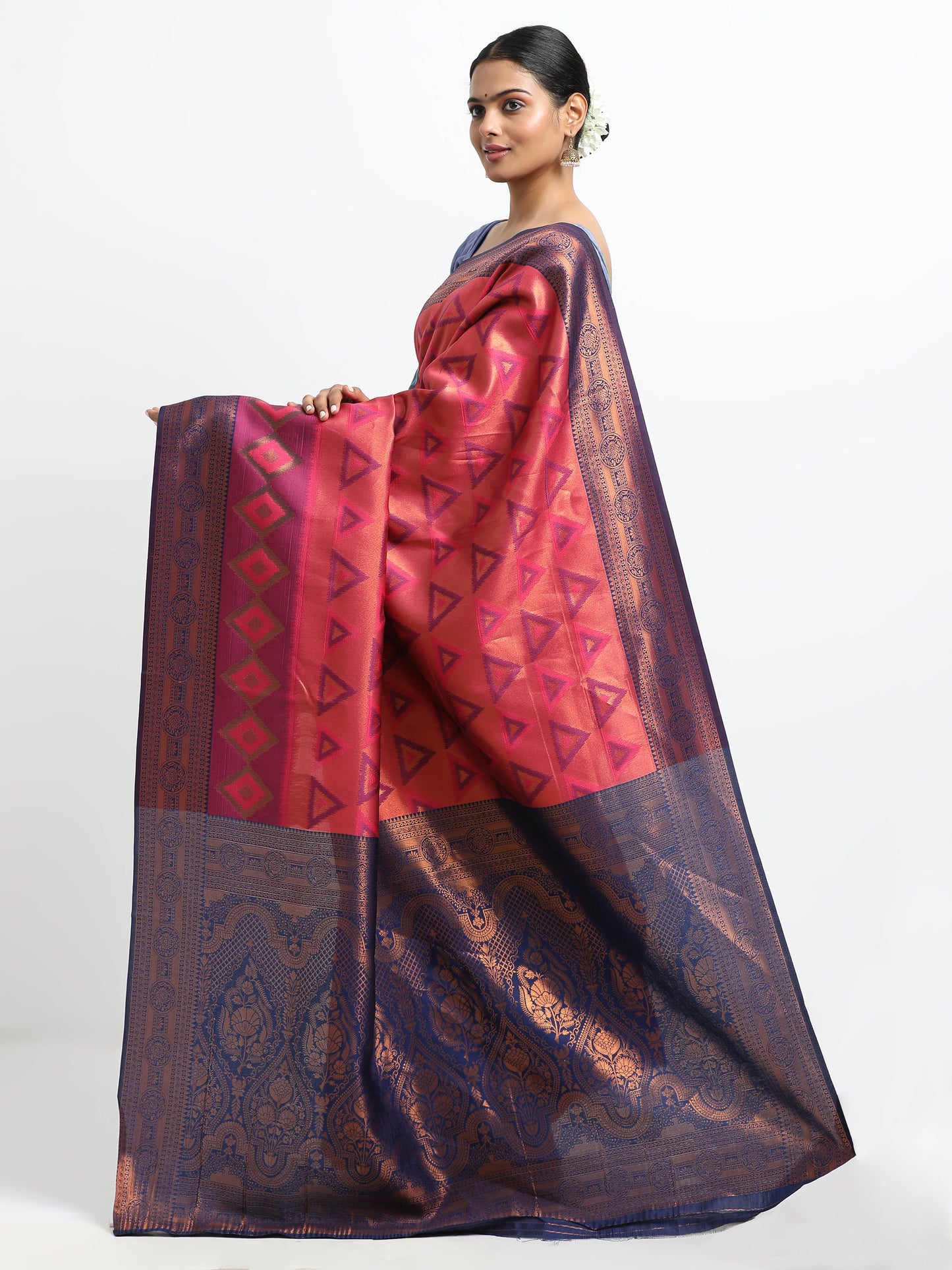 Coral Pink silk saree with matching unstitched blouse