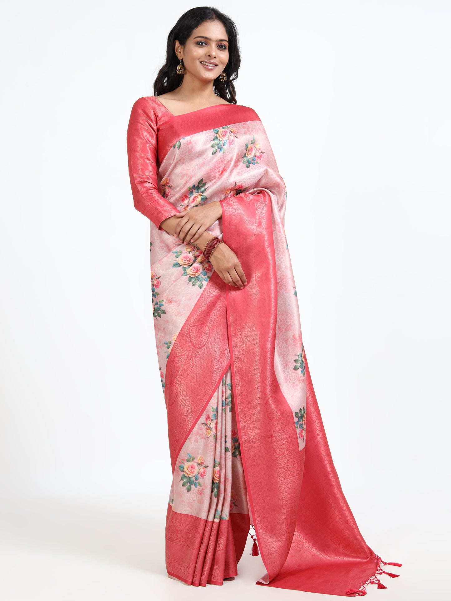 Flamingo Pink silk saree with matching unstitched blouse