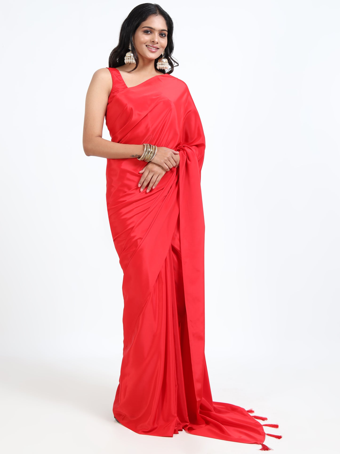 True Red silk saree with matching unstitched blouse