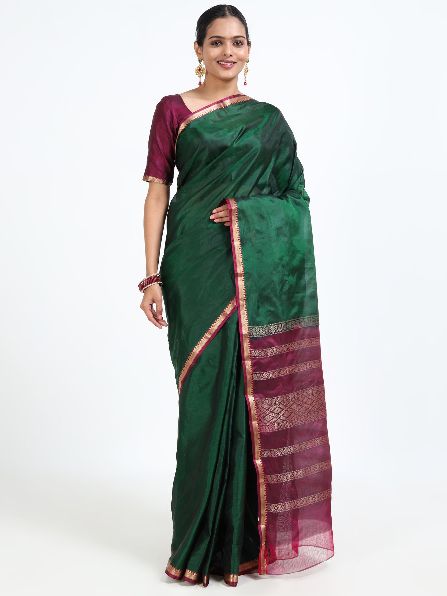 Fir Green silk saree with matching unstitched blouse