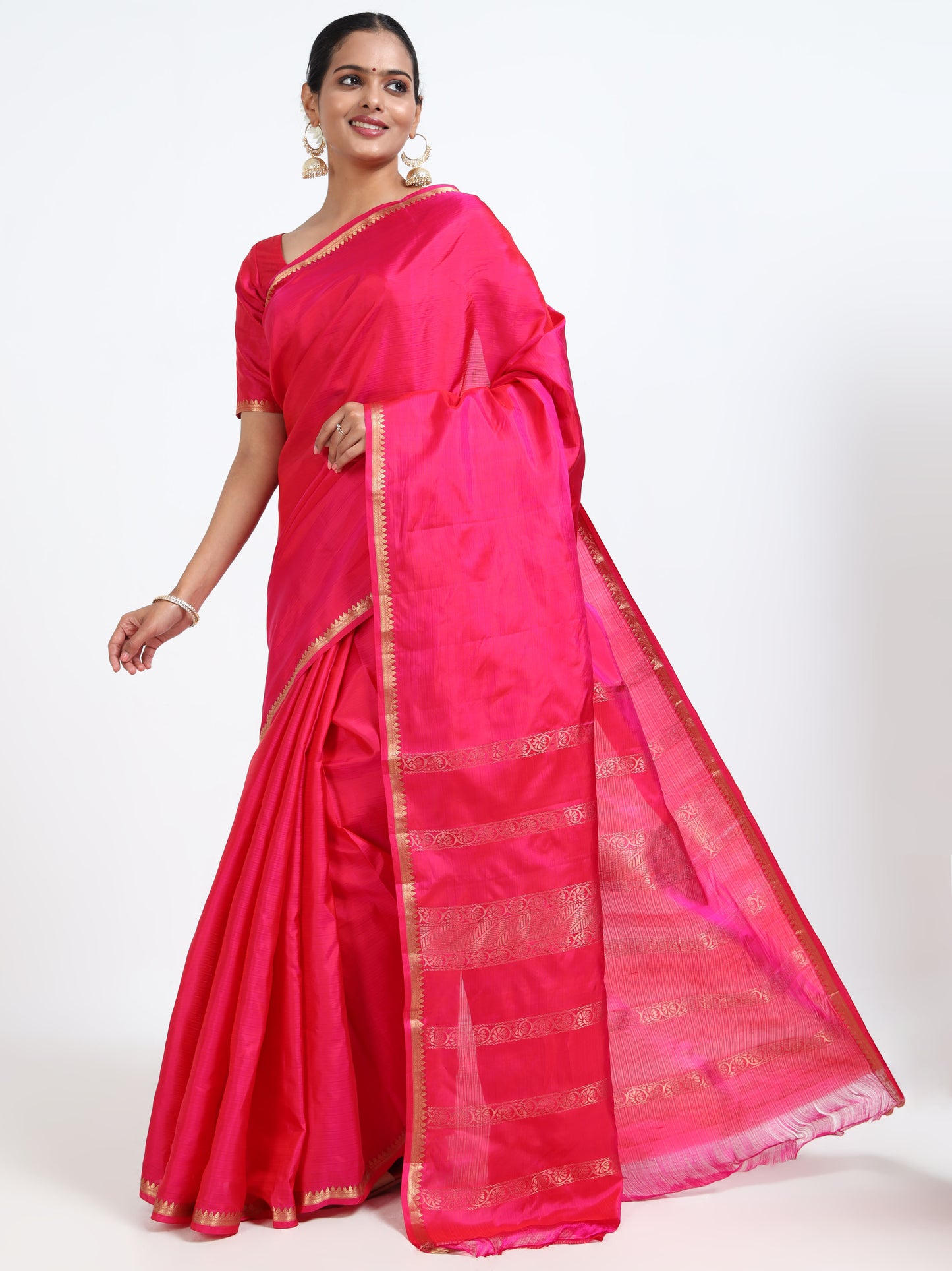 Carmine Red silk saree with matching unstitched blouse