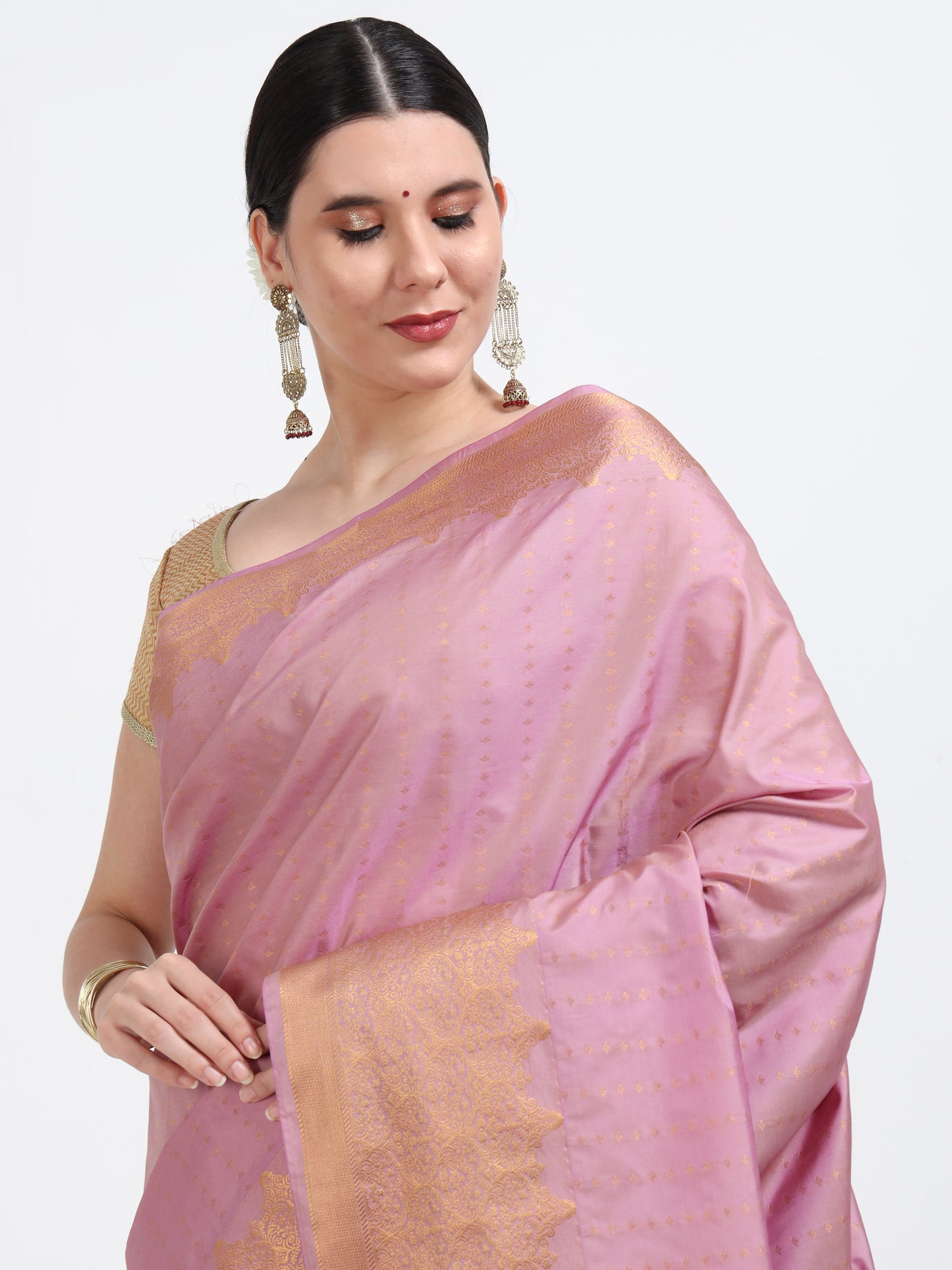 Pink Pearl silk saree with matching unstitched blouse