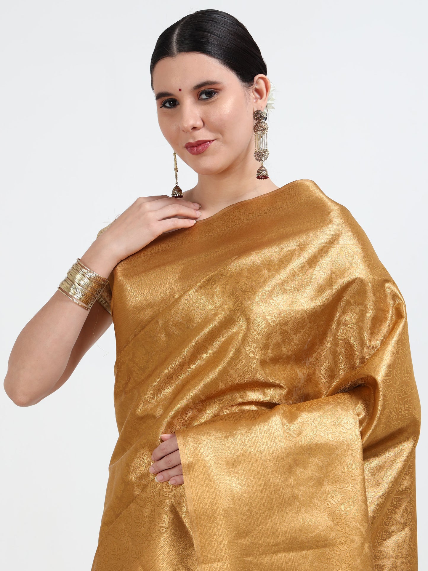 Golden silk saree with matching unstitched blouse