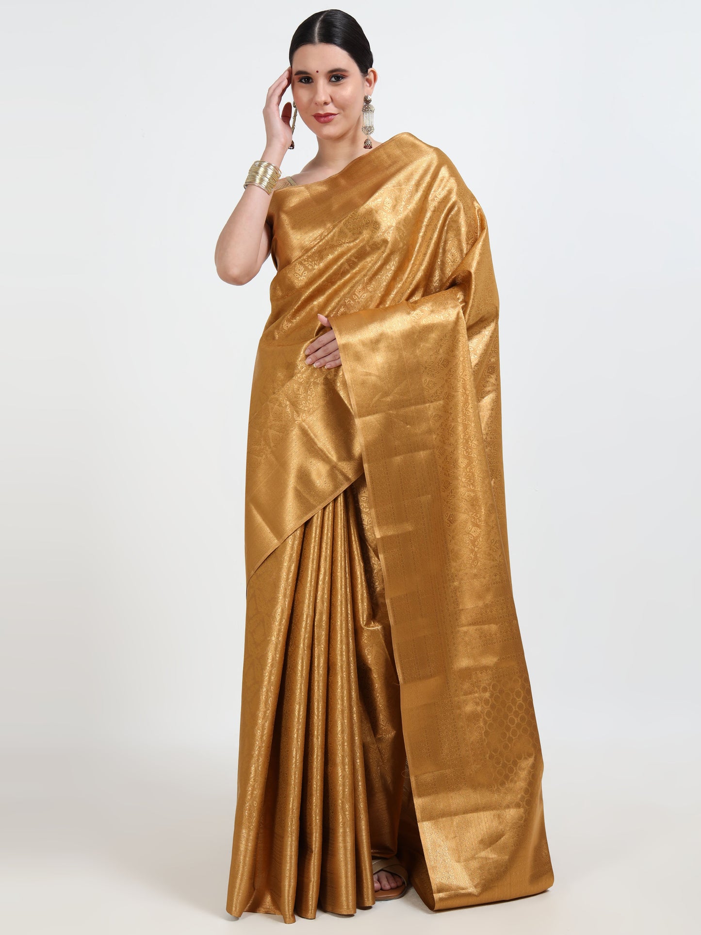 Golden silk saree with matching unstitched blouse