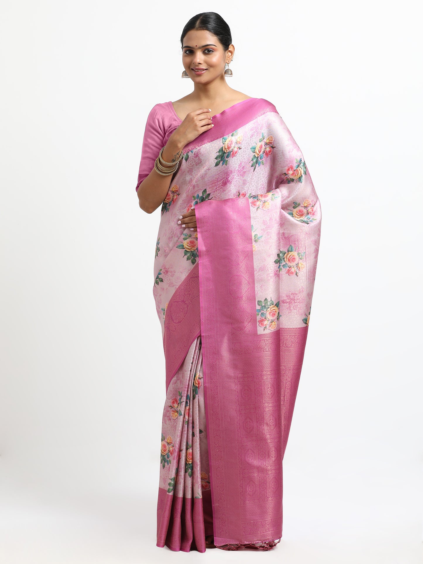Carousel Pink silk saree with matching unstitched blouse