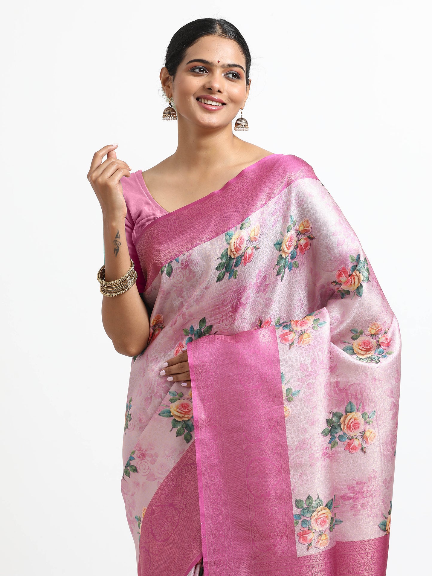 Carousel Pink silk saree with matching unstitched blouse