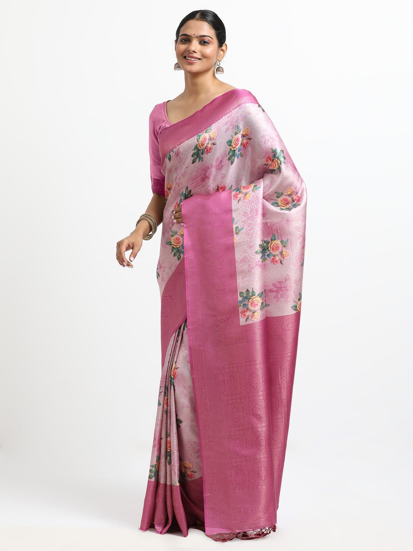 Carousel Pink silk saree with matching unstitched blouse