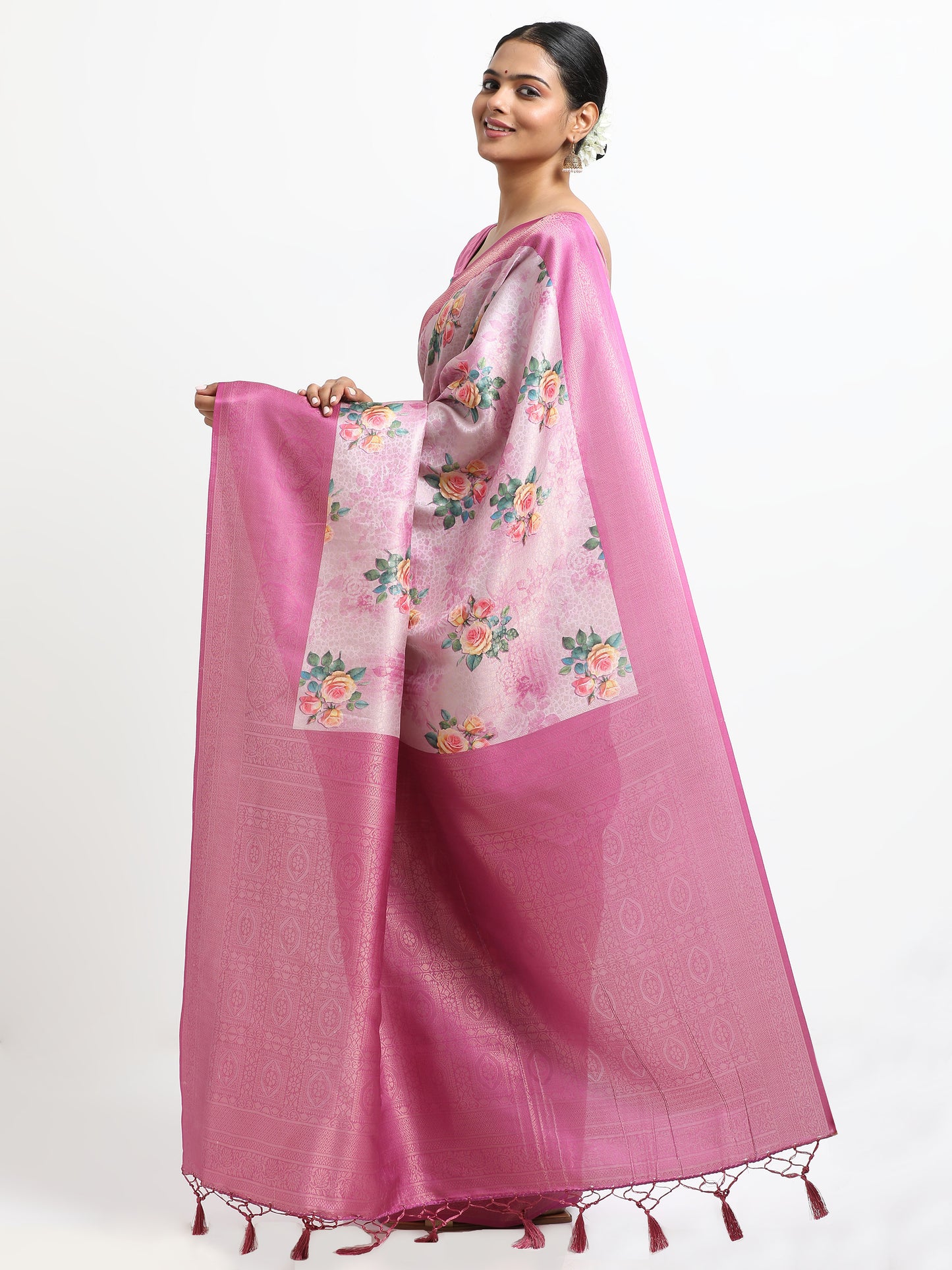 Carousel Pink silk saree with matching unstitched blouse