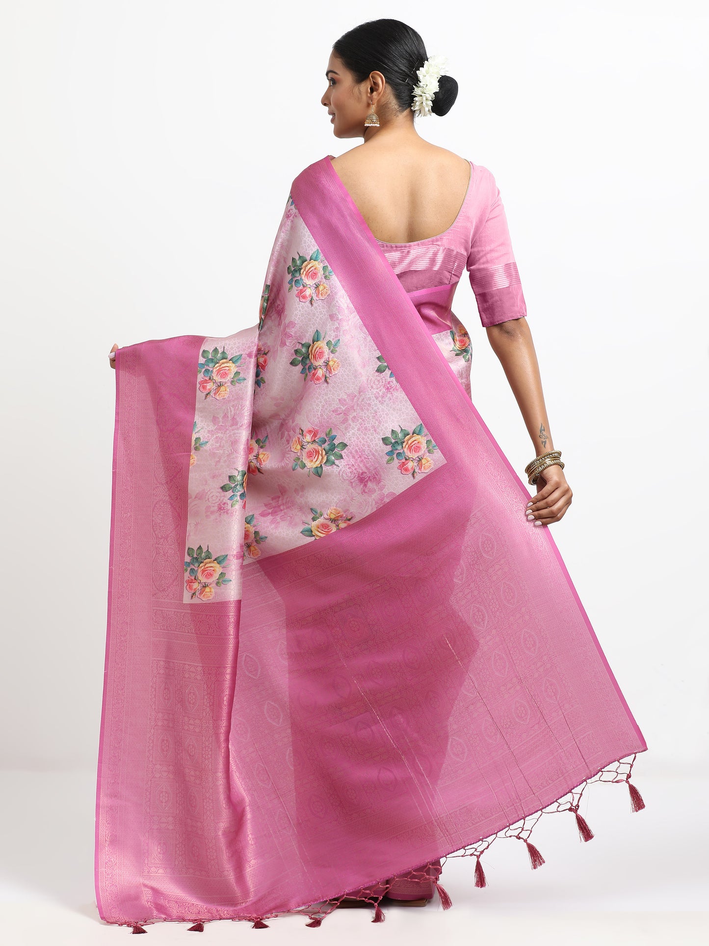 Carousel Pink silk saree with matching unstitched blouse