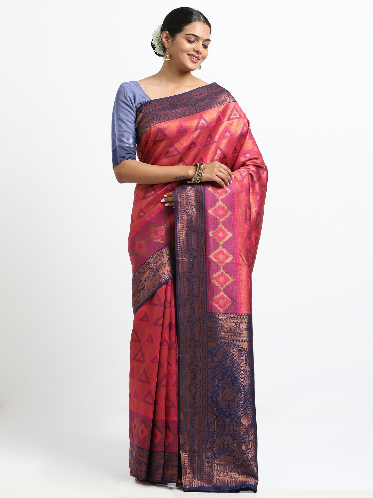 Coral Pink silk saree with matching unstitched blouse