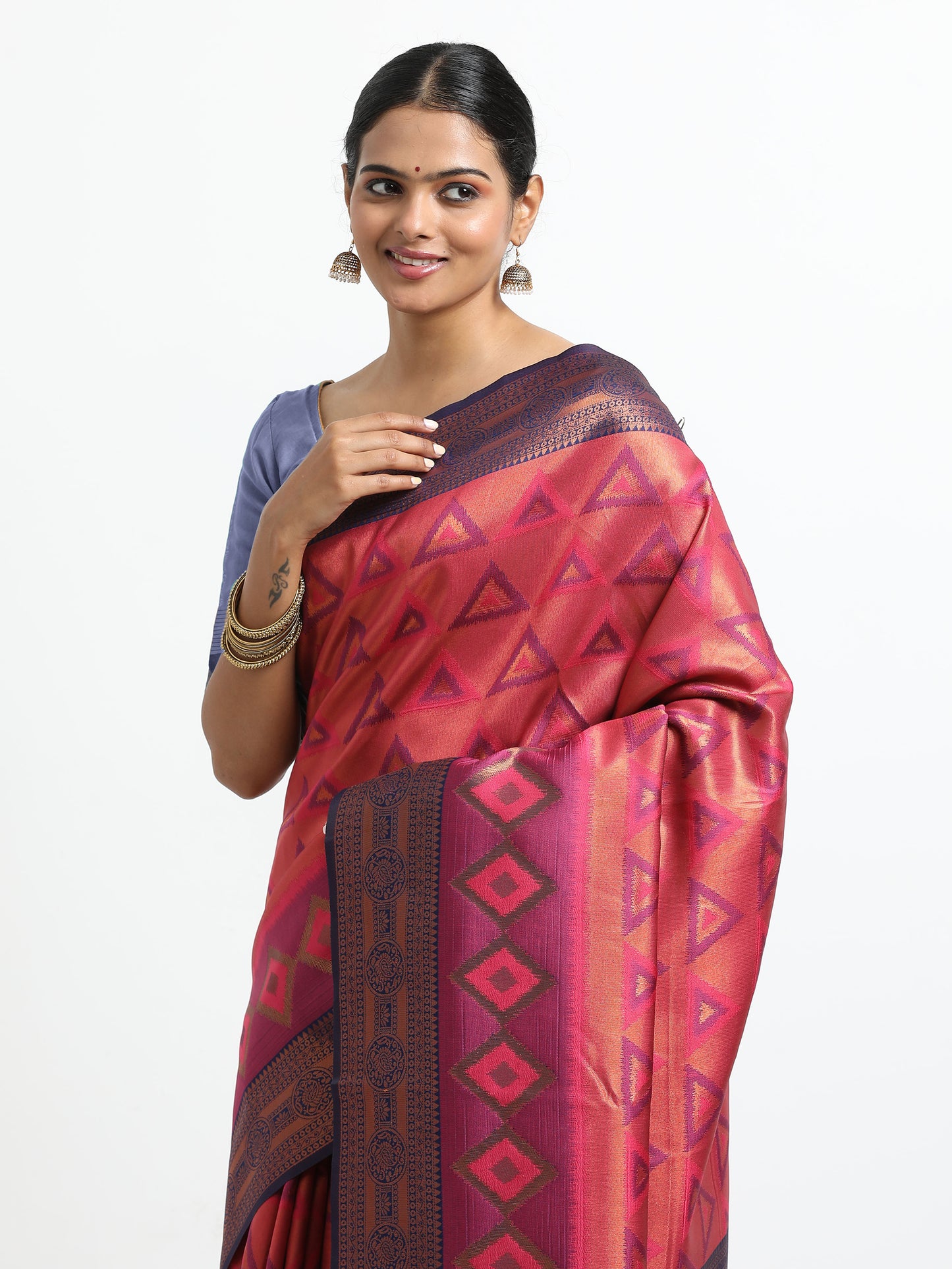 Coral Pink silk saree with matching unstitched blouse
