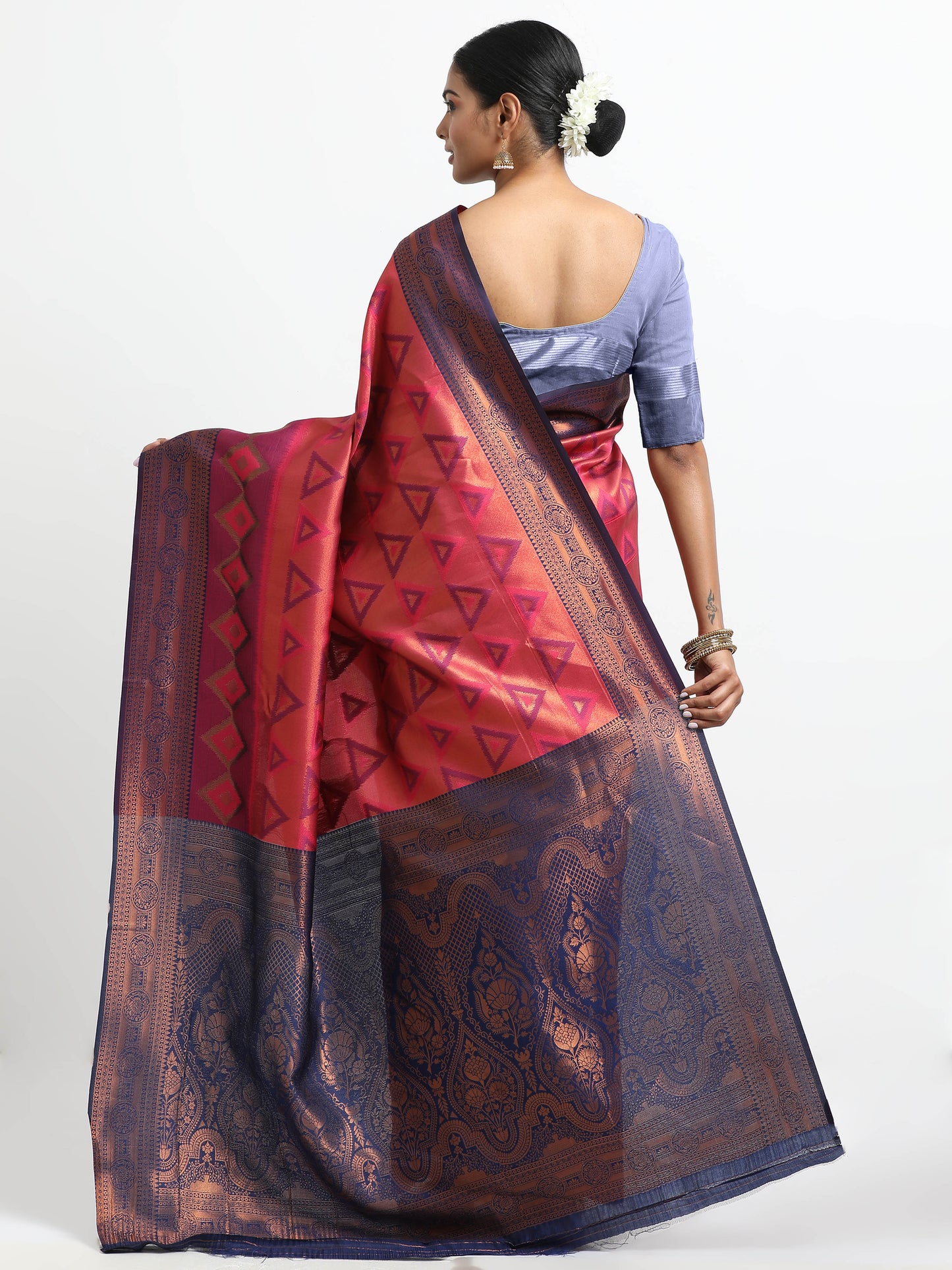 Coral Pink silk saree with matching unstitched blouse